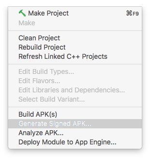 Android Studio Generate Signed APK Menu Option