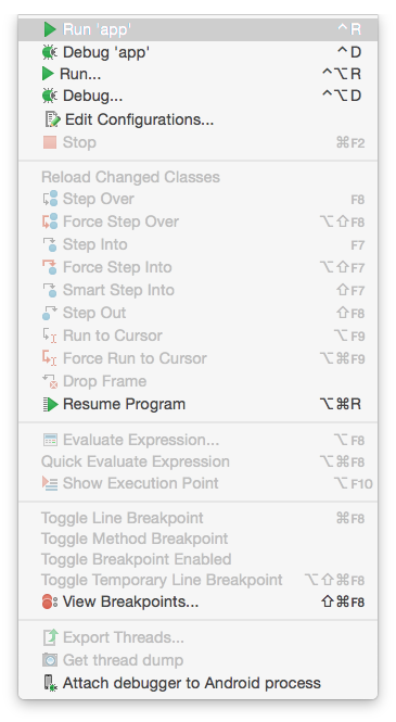 Android Studio Run Menu