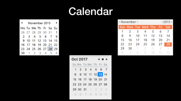 Calendar
IUP Native Widgets compared for Windows, GTK, Mac.