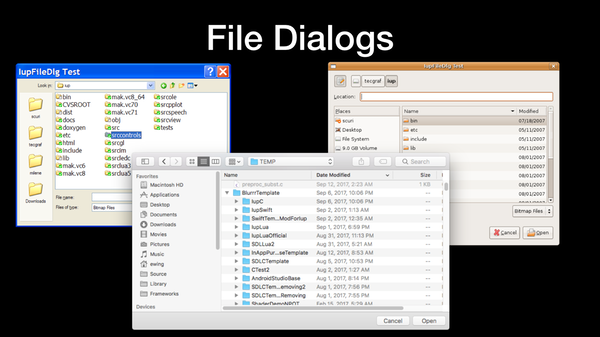 File Dialogs
IUP Native Widgets compared for Windows, GTK, Mac.