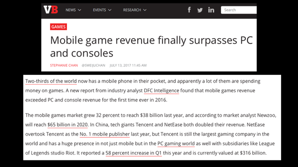 Mobile game revenue surpasses PC and consoles (Venture Beat)