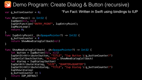 Demo IUP program to create a dialog & button (recursive). Written in Swift using bindings to IUP.