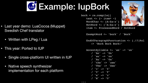Example: IupBork
A (Muppet) Swedish Chef translator implemented using Lua+LPeg
