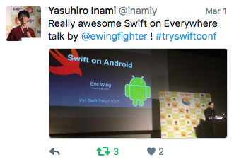 Yasuhiro Inami: Really awesome Swift on Everywhere talk by @ewingfighter ! #tryswiftconf
