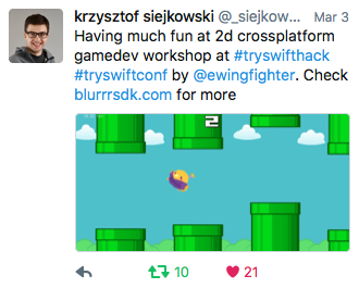 krzysztof siejkowsli: Having much fun at 2d crossplatform gamedev workshop at #tryswifthack #tryswiftconf by @ewingfighter. Check blurrrsdk.com for more